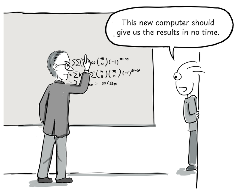 A mathematician fills a board with equations while a programmer waits beside him.